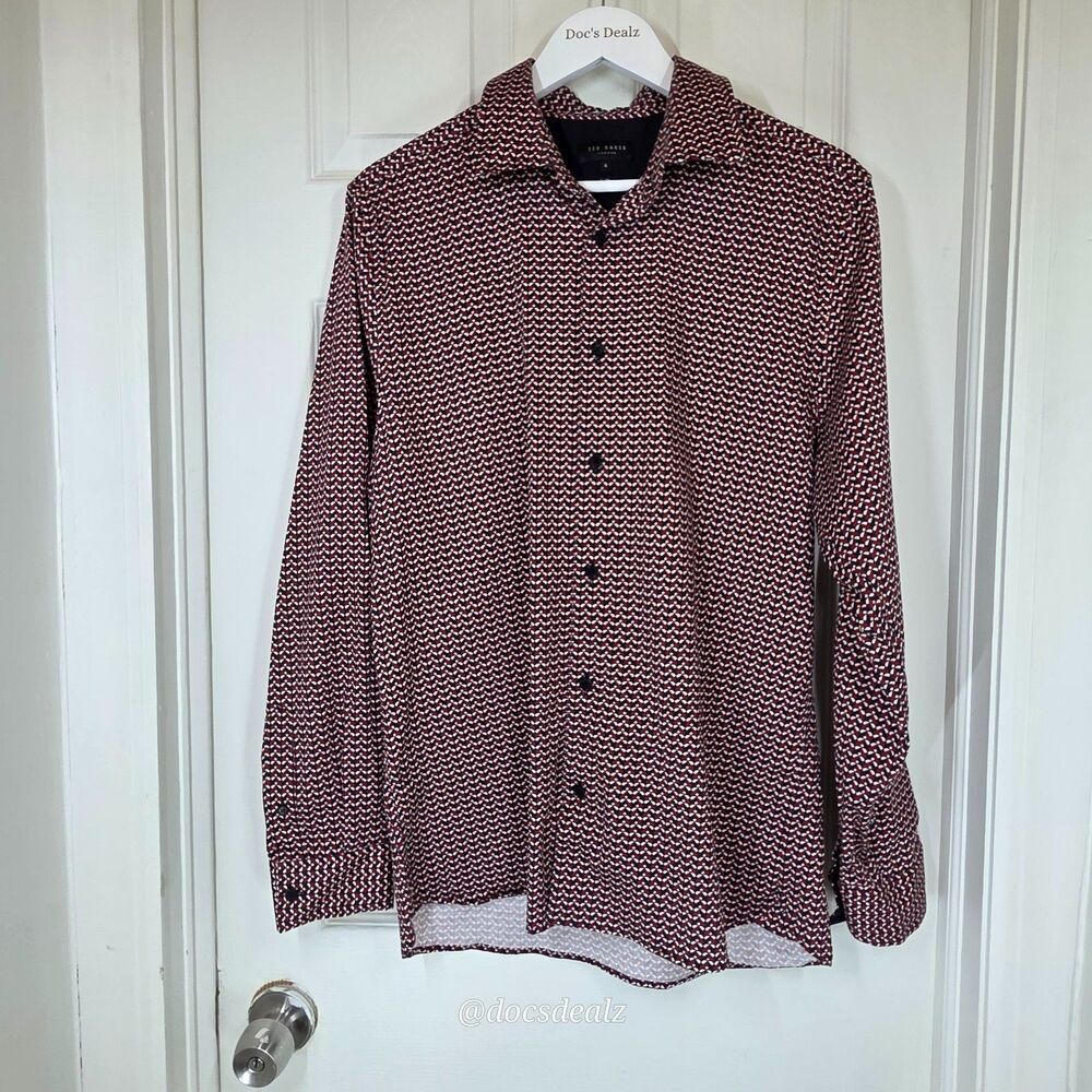 Ted Baker Button Up Red and Navy Geometric Pattern Men's Slim 4